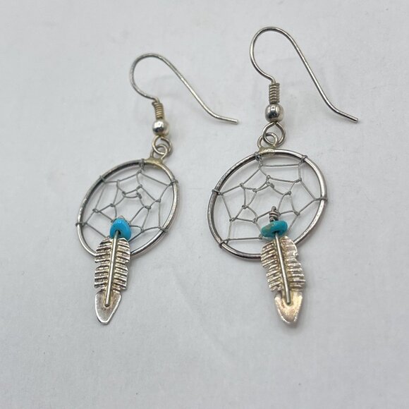 Dream Catcher Turquoise Sterling Silver Native American Earrings - Picture 2 of 5